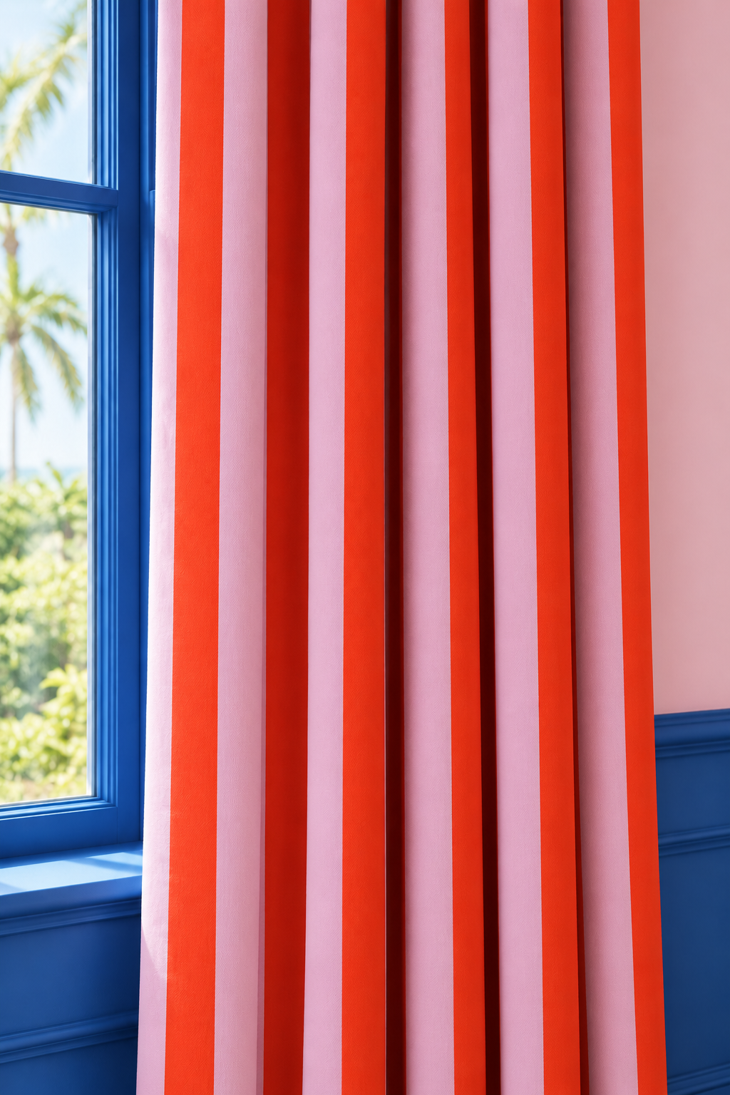 custom window drapery in narrow stripe upholstery fabric with a clean, classic layout and confident, design-forward character in bright pink and red.