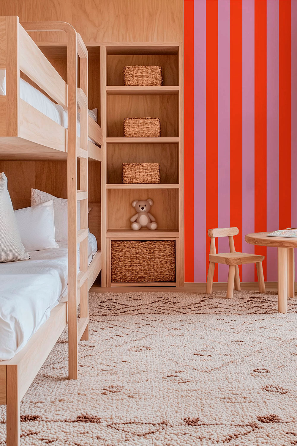 classic narrow stripe in bold bright pink and red, perfect for a fun and energetic kids bedroom or play space