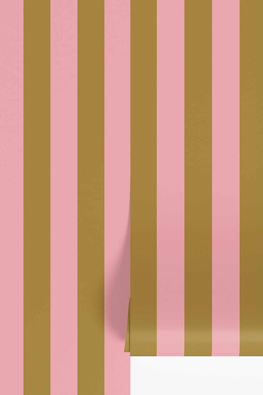 Veranda Stripe wallpaper with bold narrow stripes in poppy pink and gold