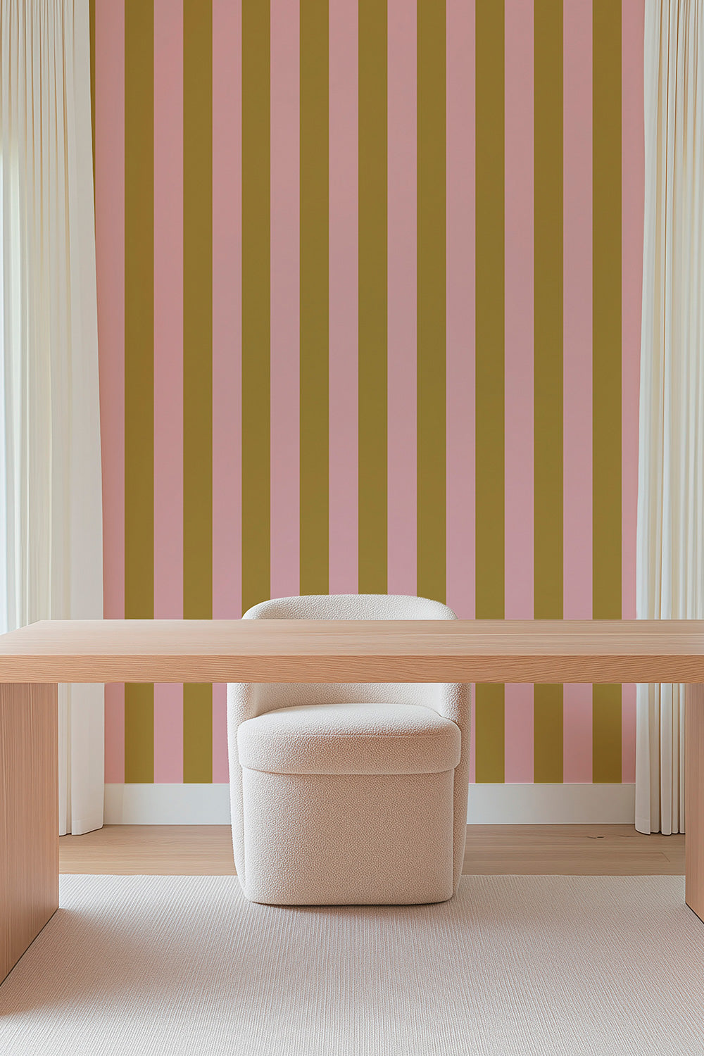 modern home office for interior designs featuring bold and classic pink and bronze striped traditional wallpaper for luxury spaces