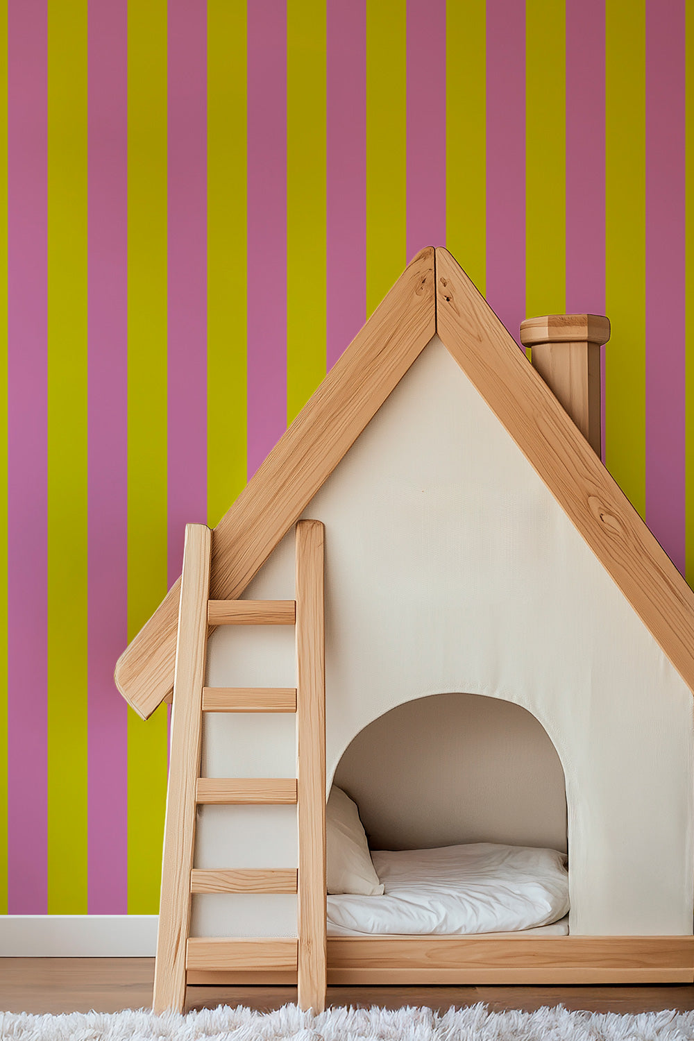 Poppy color stripe wallpaper perfect for lively, kids bedrooms, bathrooms and playrooms in pink and lime stripe