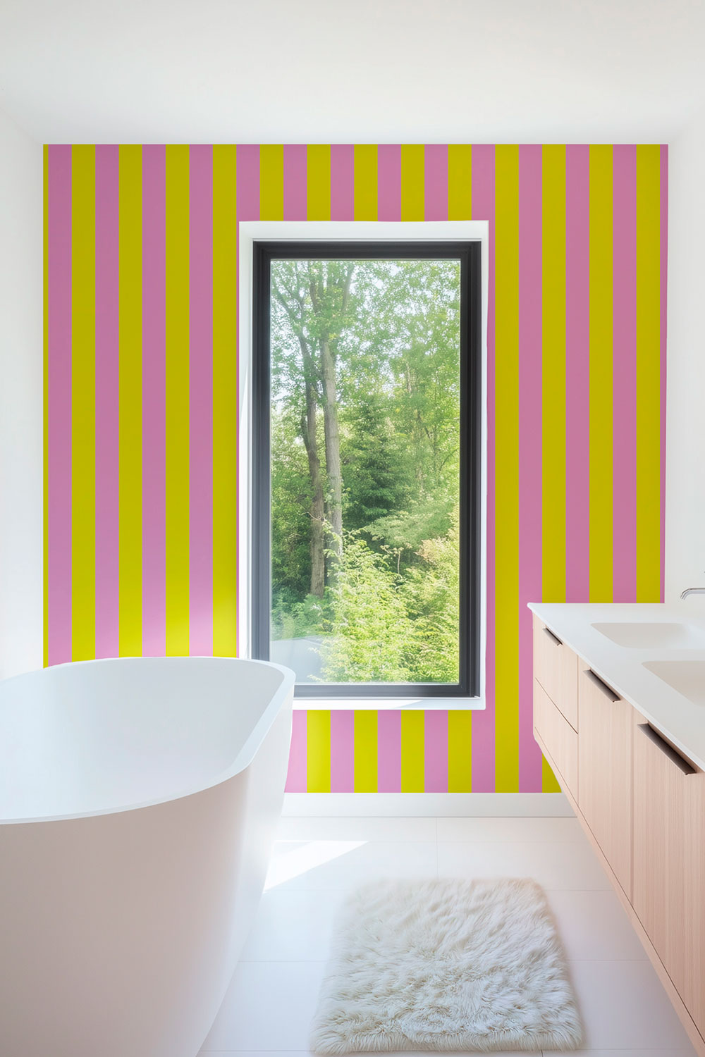 custom performance vinyl wallpaper that is washable and moisture repellant in bold pretty pink and bright lime green stripe perfect for modern bathrooms and new construction homes