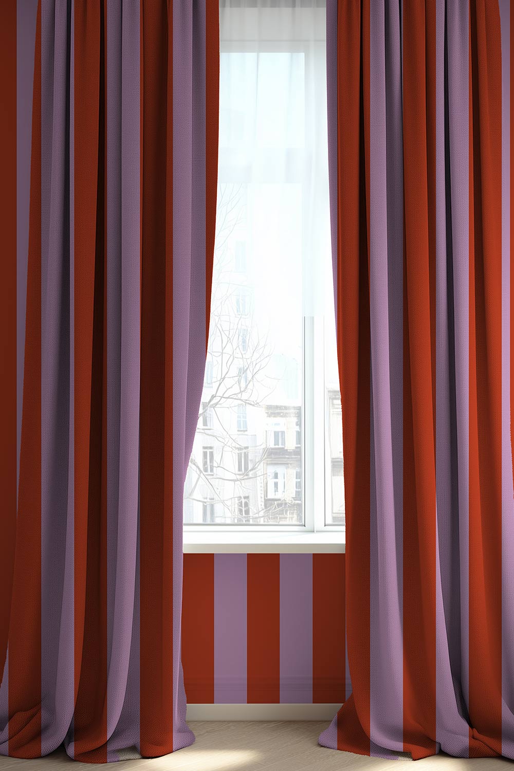 Narrow stripe upholstery fabric with a clean, classic layout and confident, design-forward character in bright pink and red.