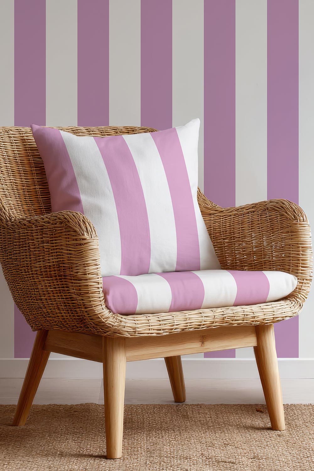 Narrow stripe upholstery fabric with a clean, classic layout and confident, design-forward character in bright pink and white.