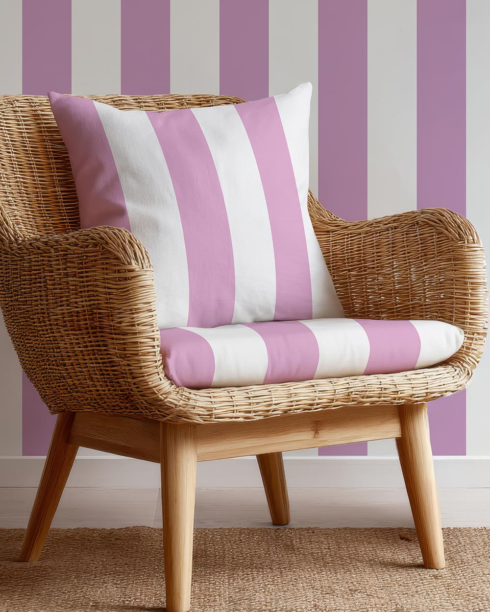 pink and white preppy cabana stripe wallpaper with coordinating pink and white stripe upholstered wicker chair