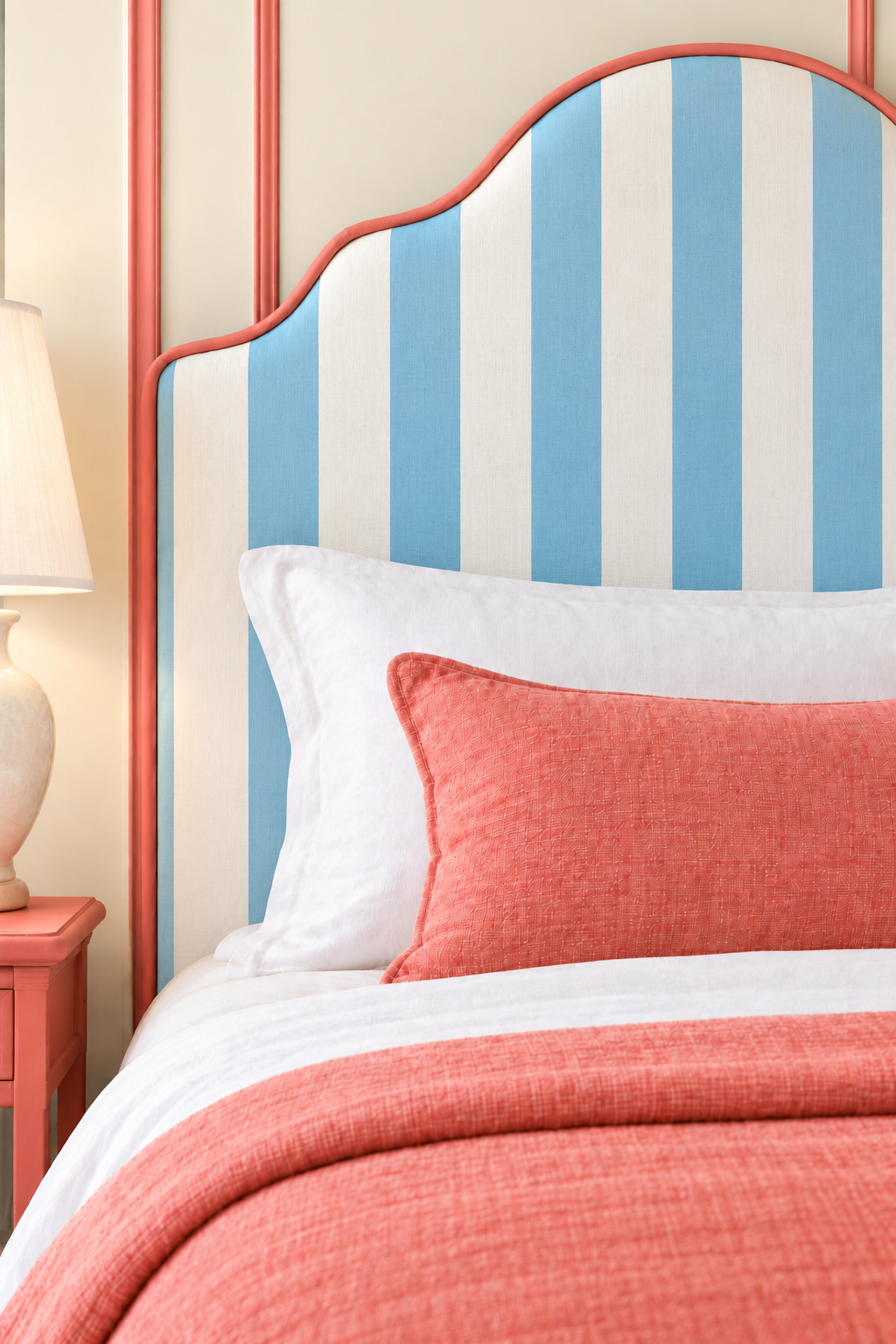 Custom fabric headboard i narrow stripe upholstery fabric with a clean, classic layout and confident, design-forward character in coastal ocean blue and white.