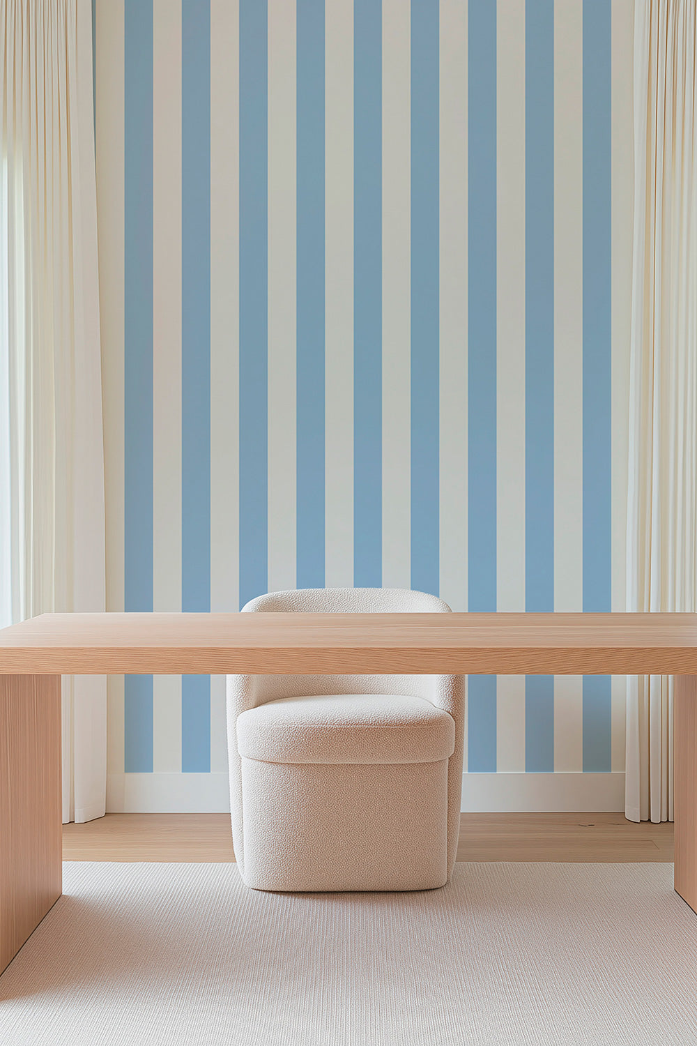 modern feminine home office for interior designers with classic and clean ocean blue and bright white all-natural grasscloth wallpaper
