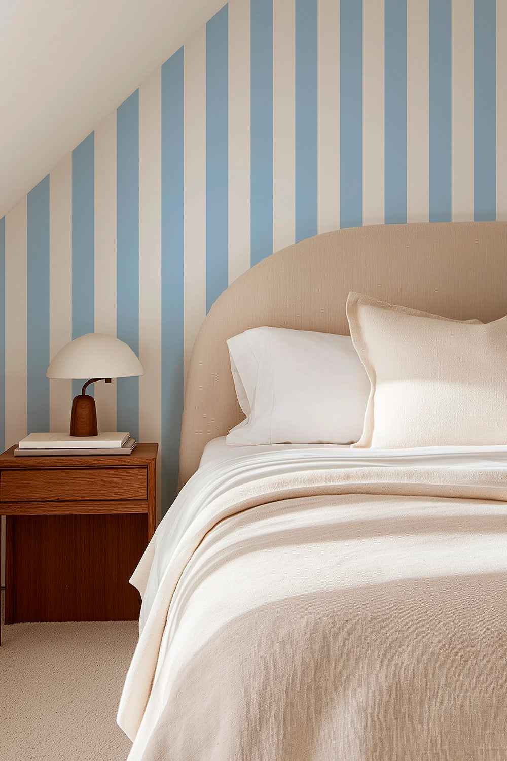 eco-friendly classic nautical blue and white striped wallpaper for luxury guest bedrooms in vacation houses