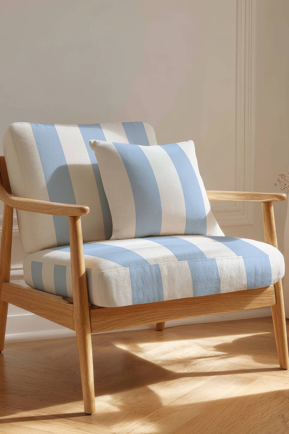Narrow stripe upholstery fabric with a clean, classic layout and confident, design-forward character in coastal ocean blue and white.