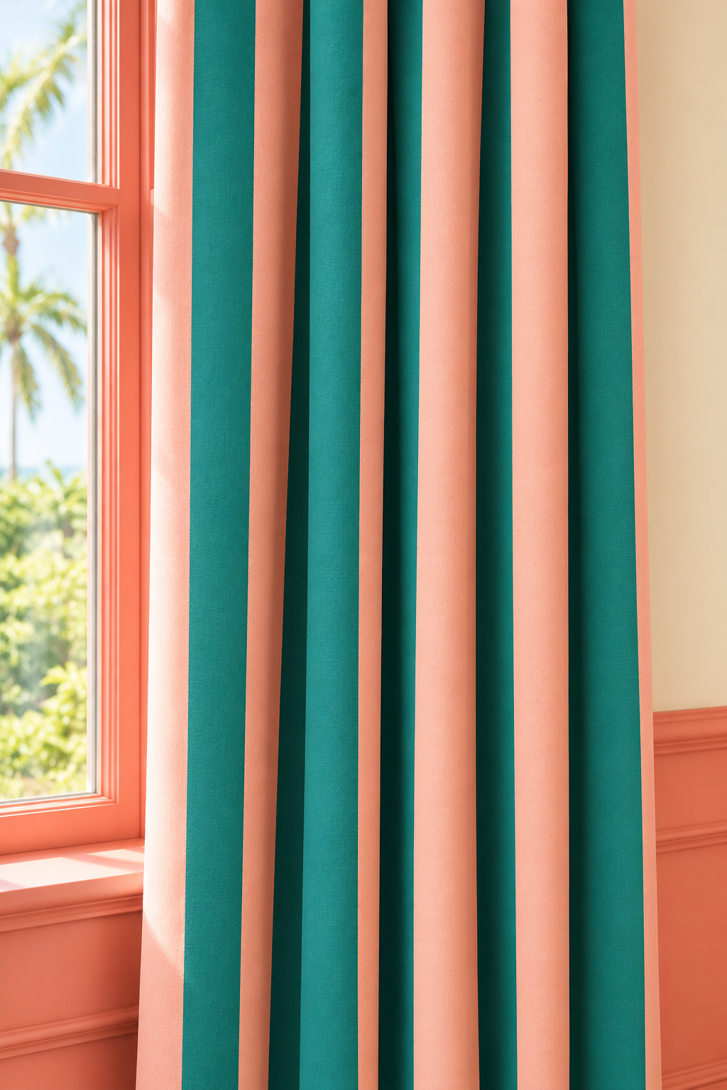 custom window drapery in narrow stripe upholstery fabric with a clean, classic layout and confident, design-forward character in bright pink and preppy green.