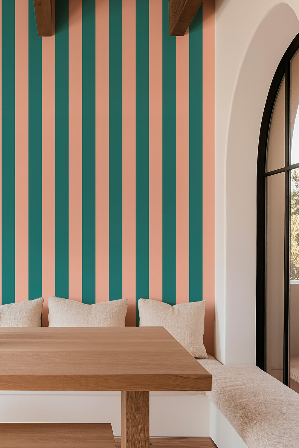 dining room with washable and stain resistance performance wallpaper, perfect for dinner parties and weeknight dinners and any kitchen dining room or restaurant