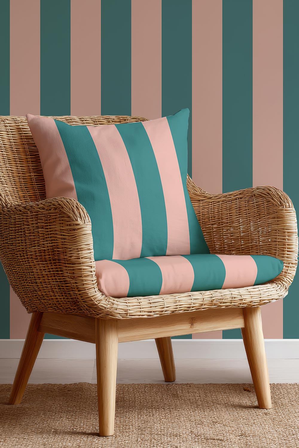 Narrow stripe upholstery fabric with a clean, classic layout and confident, design-forward character in bright pink and preppy green.