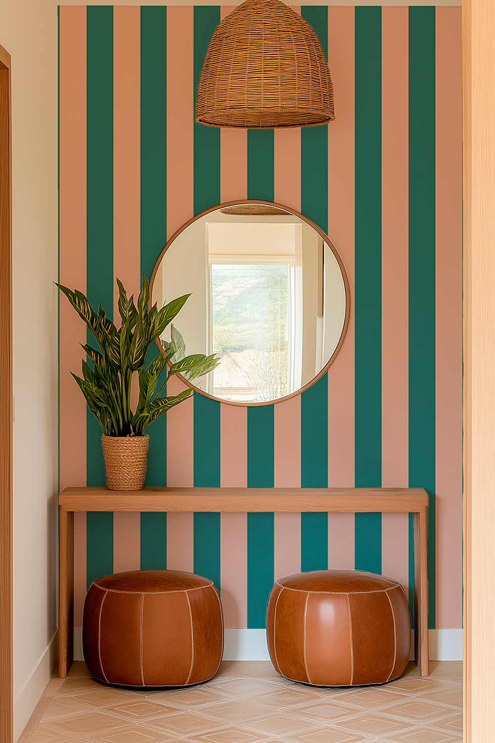 entrance striped wallpaper for bold impact in this interior designers fun first impression foyer