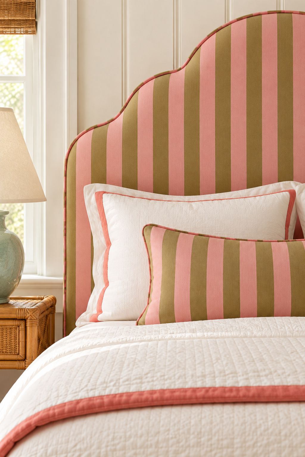 custom upholstered headboard featuring Narrow stripe upholstery fabric with a clean, classic layout and confident, design-forward character in bronze and pink.