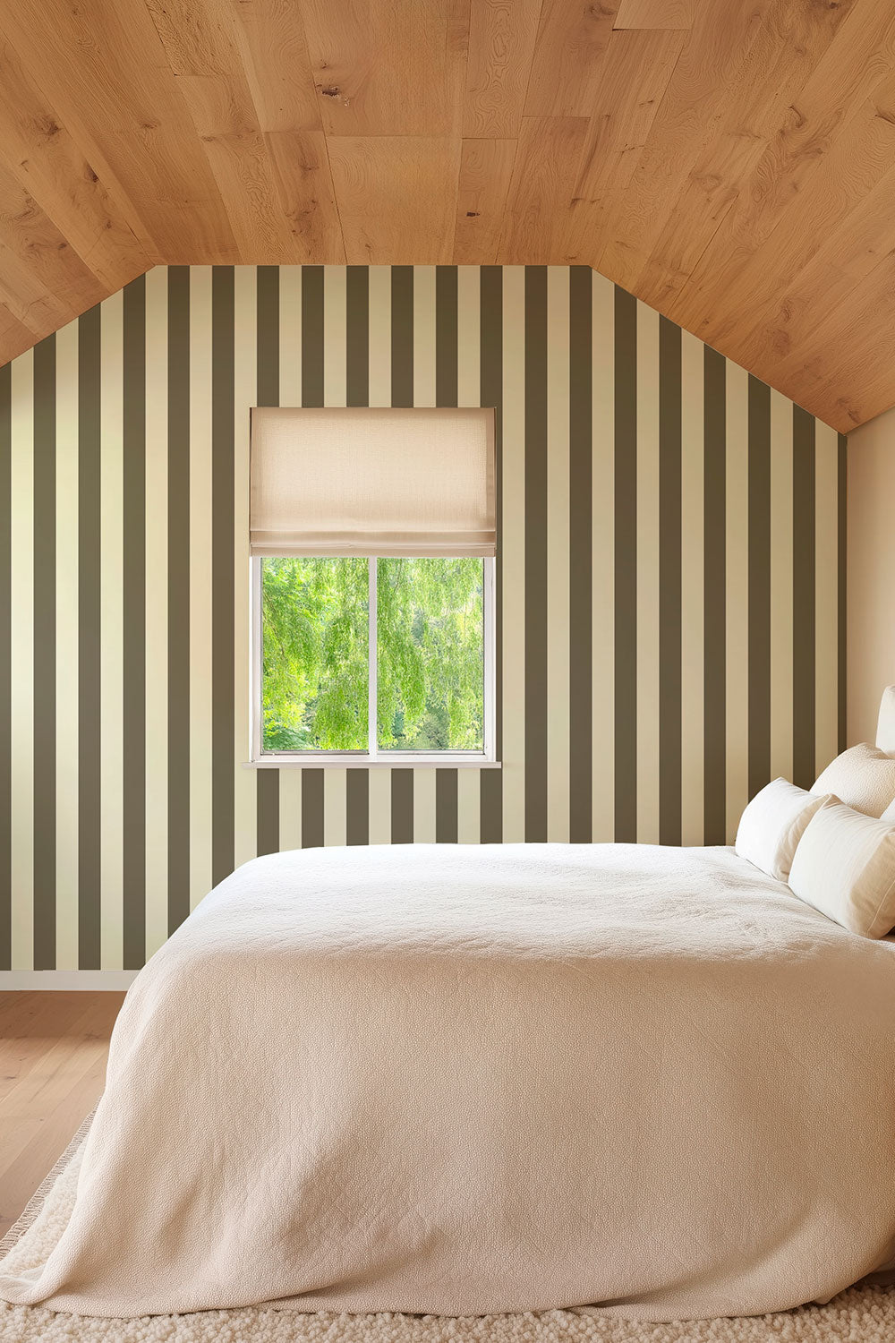 mountain cottage calm guest bedroom with peaceful classic neutral striped wallpaper in cream and moss green stripe