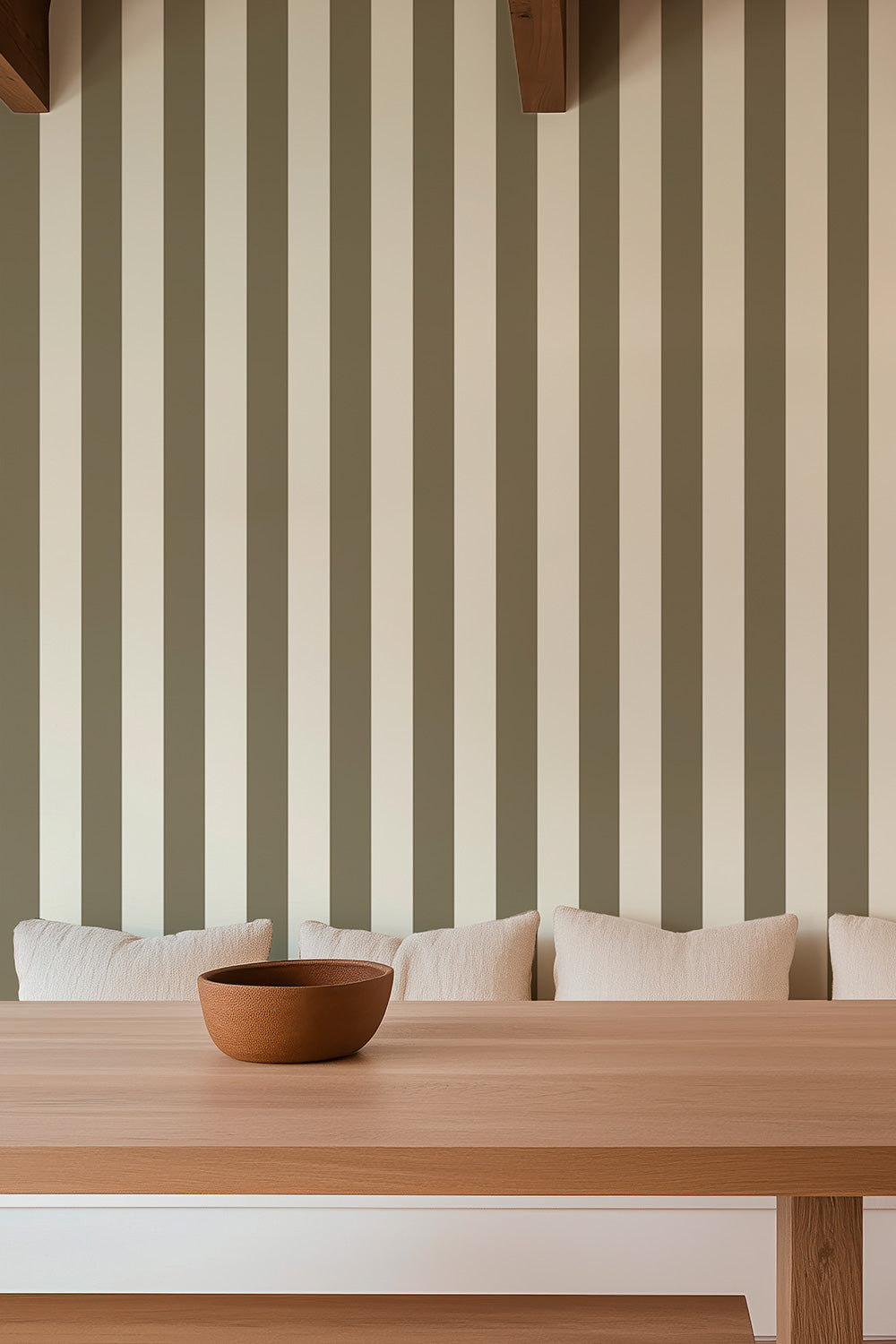 modern dining room with luxury traditional wallpaper in classic green and white striped wall covering