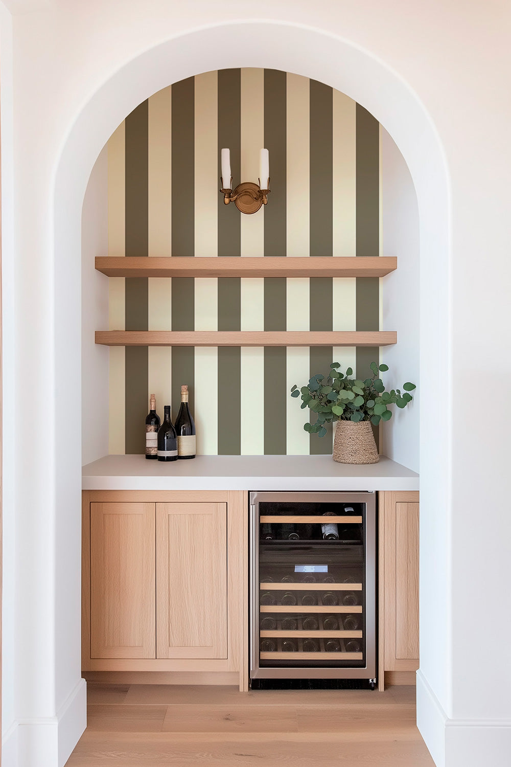 textured performance washable wallpaper in dark green and cream neutral hung in new construction wet bar