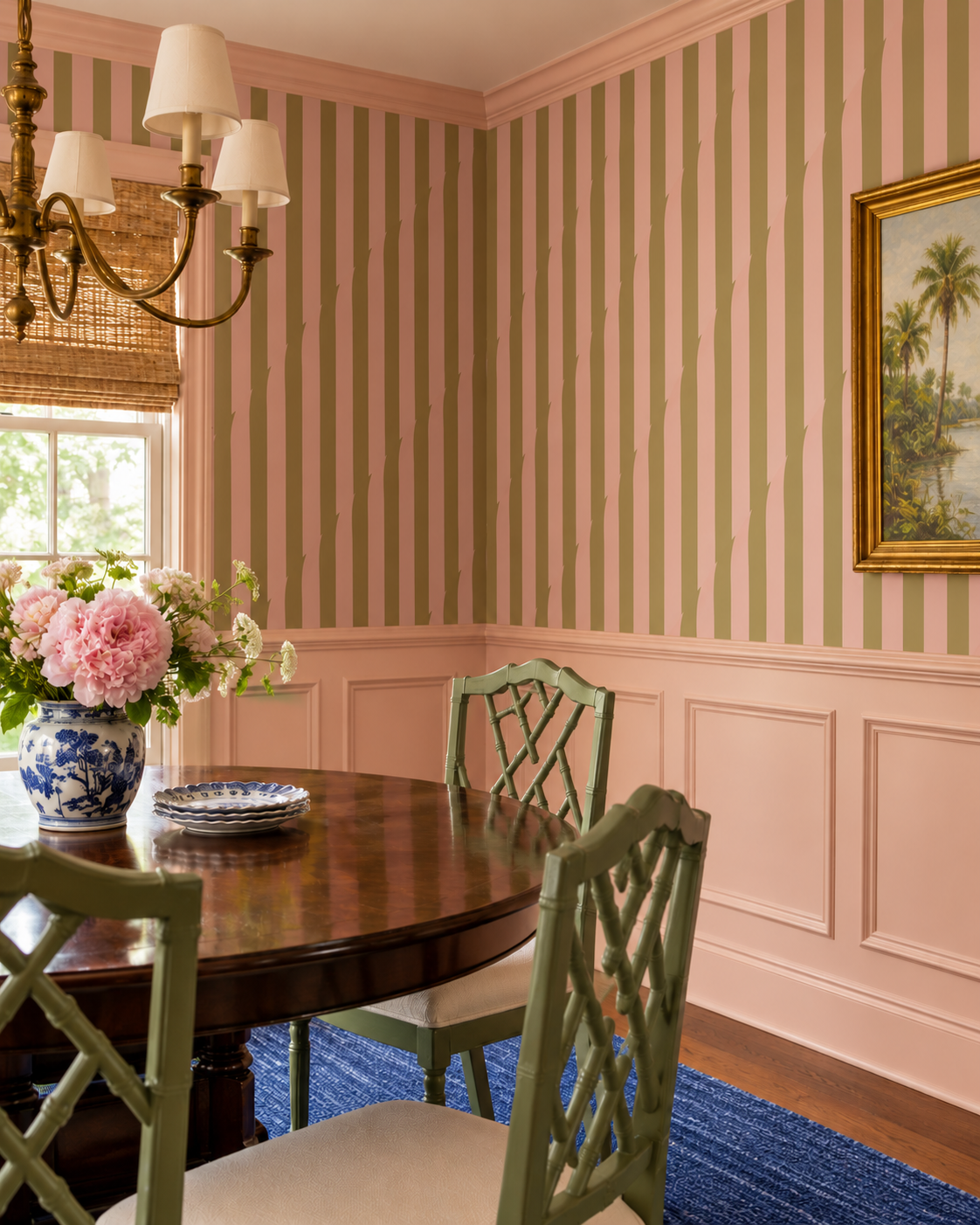 formal dining room with luxury stripe peach and bronze stripe wallpaper