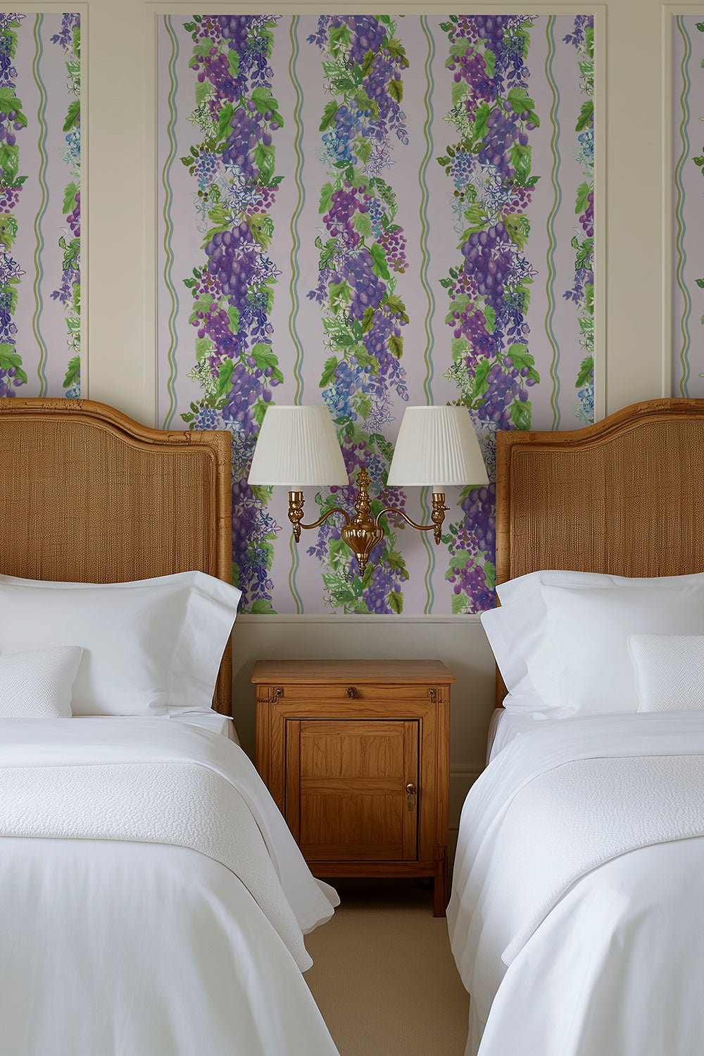 Watercolor grape and vine wallpaper on natural grasscloth, featuring cascading grape clusters and soft trellis-style stripes inspired by California vineyards perfect for luxury guest bedrooms
