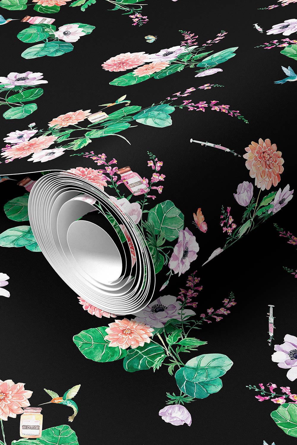 Walltox wallpaper featuring watercolor-painted florals with hidden Botox bottles, syringes, and hummingbirds in a whimsical luxury design printed on commercial grade water and stain resistant performance vinyl wall-covering, great for bathrooms, medspas and commercial spaces