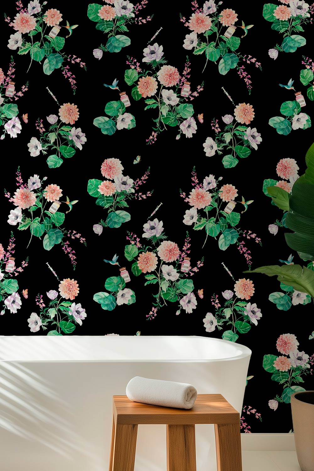 Walltox wallpaper featuring watercolor-painted florals with hidden Botox bottles, syringes, and hummingbirds in a whimsical luxury design printed on commercial grade water and stain resistant performance vinyl wall-covering, great for bathrooms, medspas and commercial spaces