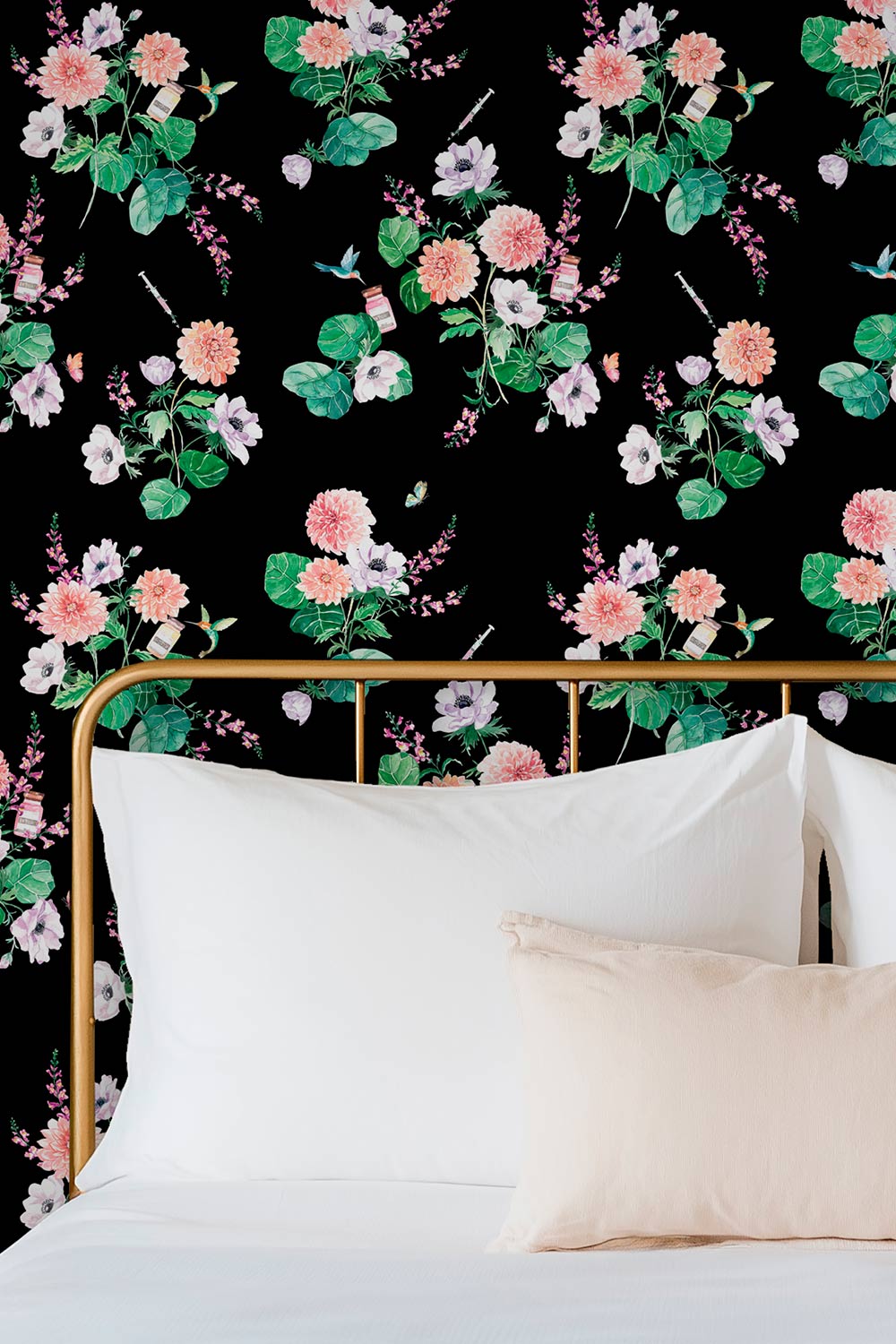 walltox wallpaper, botox wallpaper, floral wallpaper, luxury wallpaper, watercolor wallpaper, med spa wallpaper, feminine powder room wallpaper, glam decor home office, botanical wallpaper, humorous wallpaper design, floral injection art