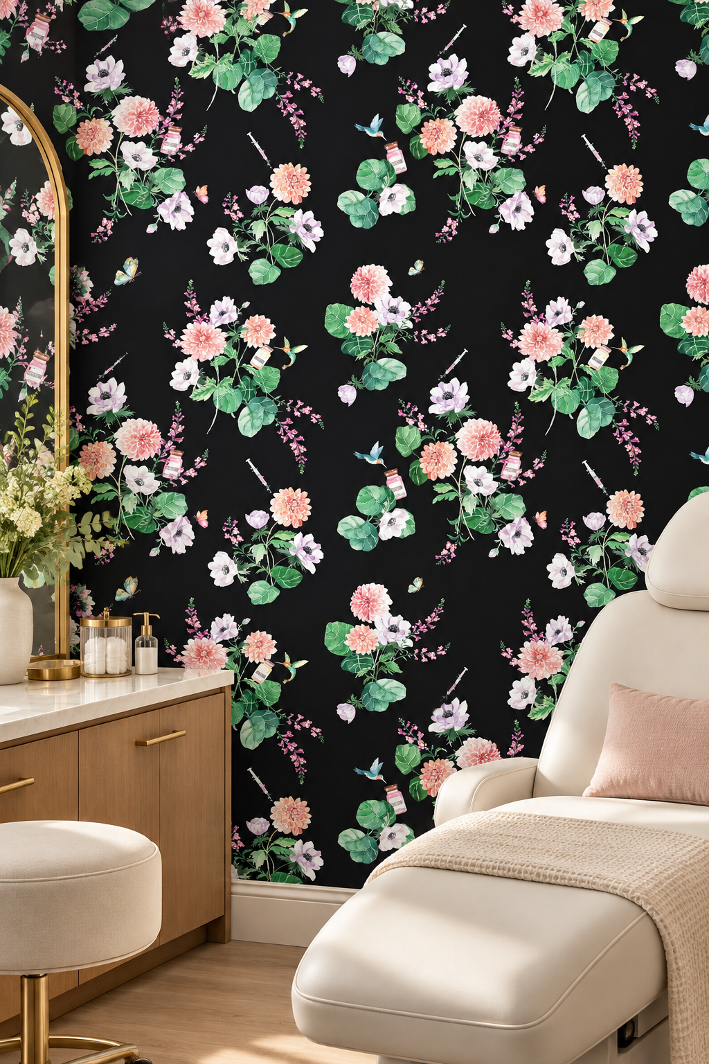 Walltox wallpaper featuring watercolor-painted florals with hidden Botox bottles, syringes, and hummingbirds in a whimsical luxury design printed on commercial grade water and stain resistant performance vinyl wall-covering, great for bathrooms, medspas and commercial spaces