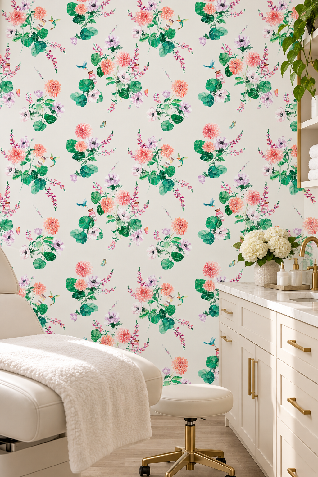 Walltox wallpaper featuring watercolor-painted florals with hidden Botox bottles, syringes, and hummingbirds in a whimsical luxury design printed on commercial grade water and stain resistant performance vinyl wall-covering, great for bathrooms, medspas and commercial spaces