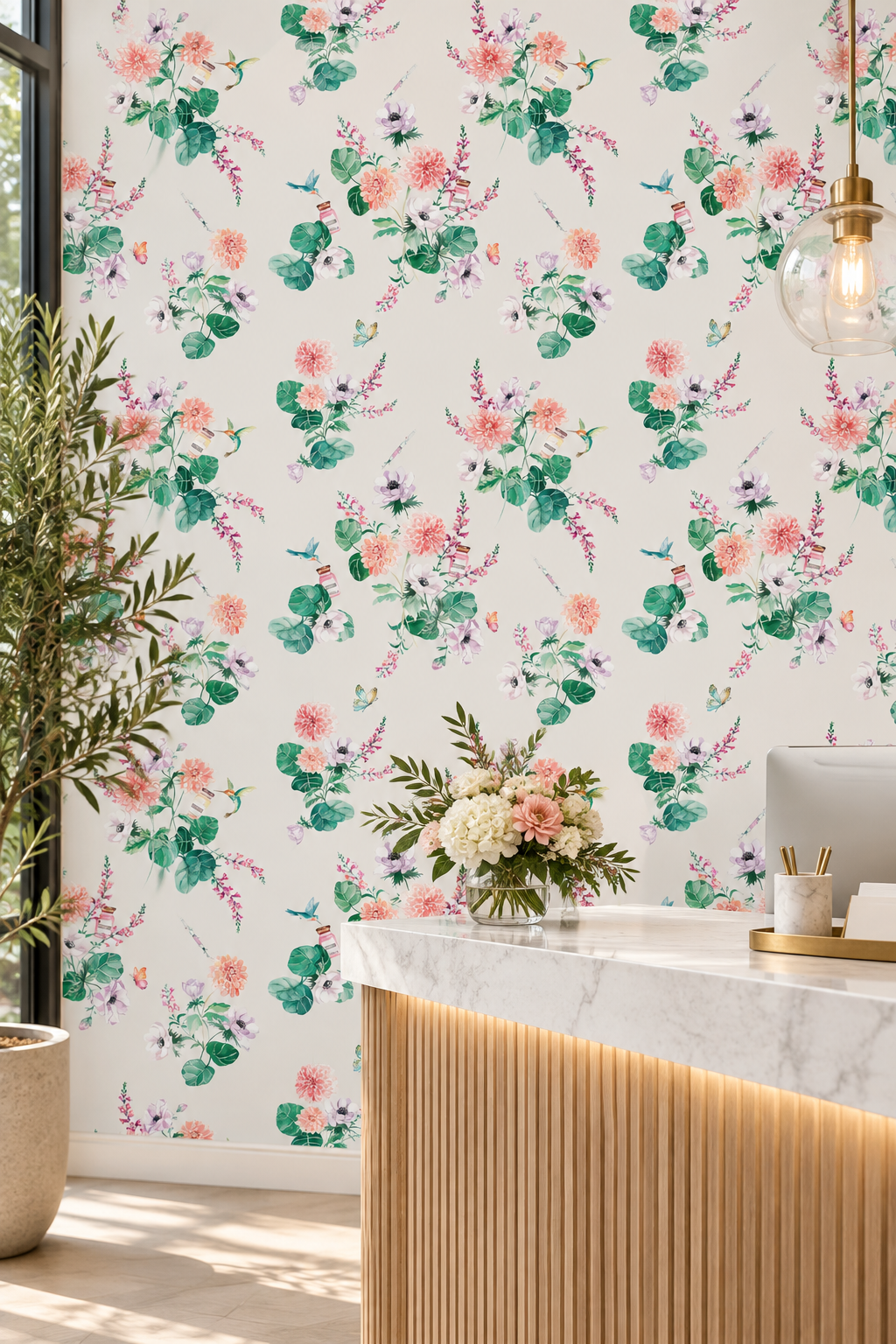 Floral and leaf watercolor wallpaper pattern with pink flowers, green leaves, and small birds on a white background; walltox botox design includes bottles of botox and syringes with hummingbirds featured in this med spa receptionist desk