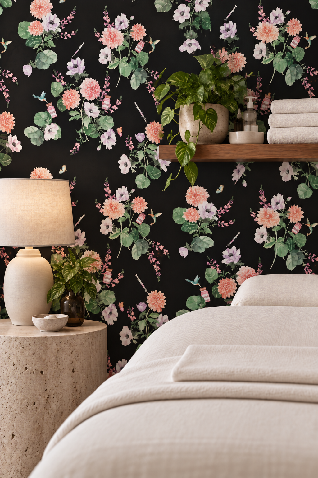 walltox wallpaper, botox wallpaper, floral wallpaper, luxury wallpaper, watercolor wallpaper, med spa wallpaper, feminine powder room wallpaper, glam decor home office, botanical wallpaper, humorous wallpaper design, floral injection art