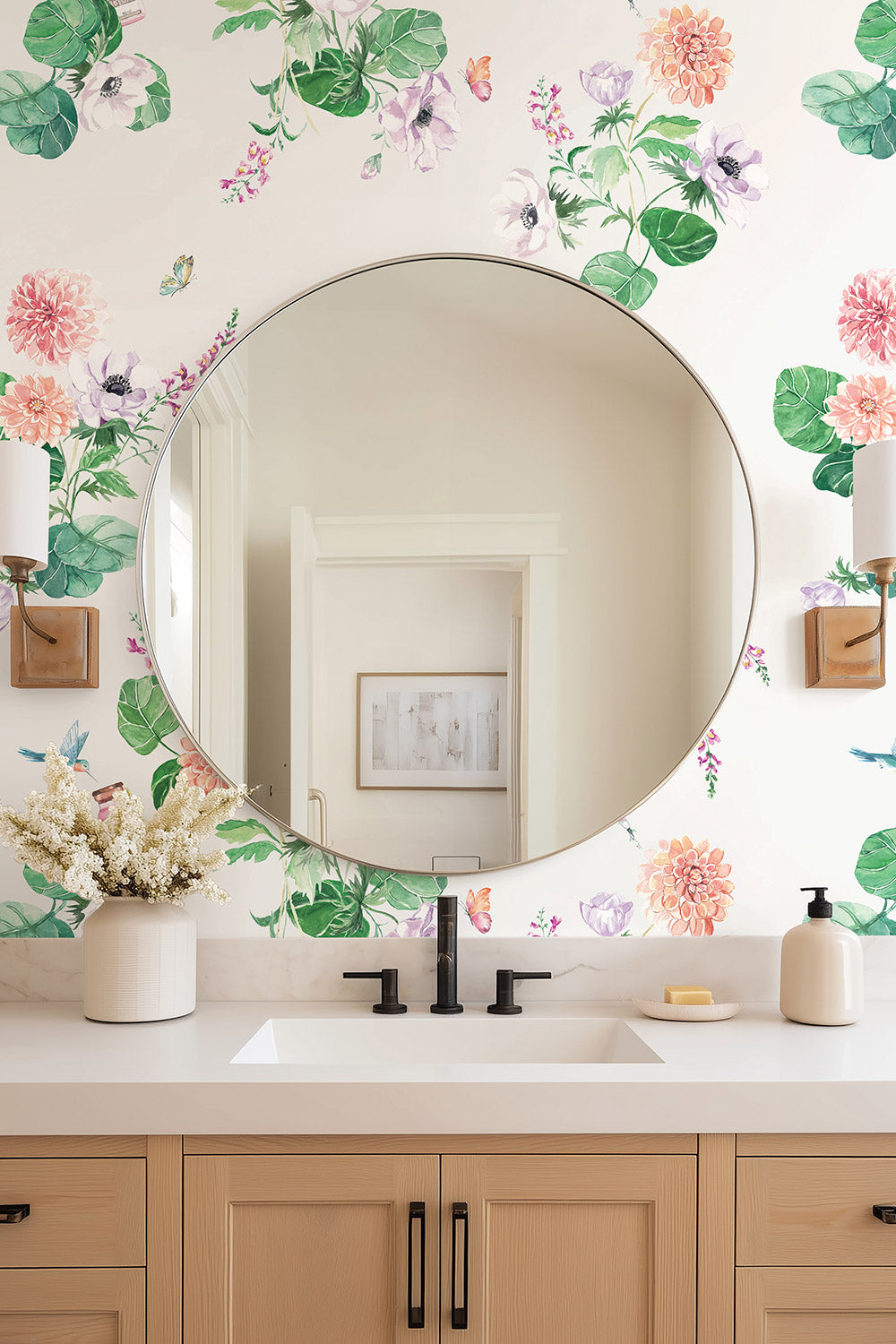 walltox wallpaper, botox wallpaper, floral wallpaper, luxury wallpaper, watercolor wallpaper, med spa wallpaper, feminine powder room wallpaper, glam decor, botanical wallpaper, humorous wallpaper design, floral injection art, bathroom wallpaper