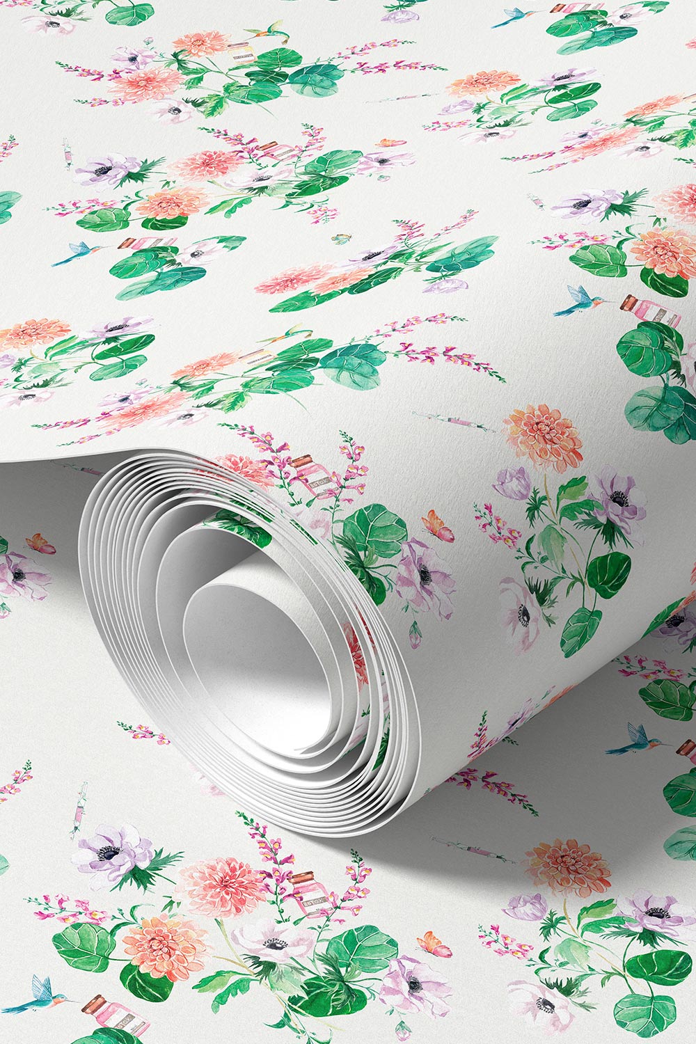 Walltox wallpaper featuring watercolor-painted florals with hidden Botox bottles, syringes, and hummingbirds in a whimsical luxury design printed on commercial grade water and stain resistant performance vinyl wall-covering, great for bathrooms, medspas and commercial spaces