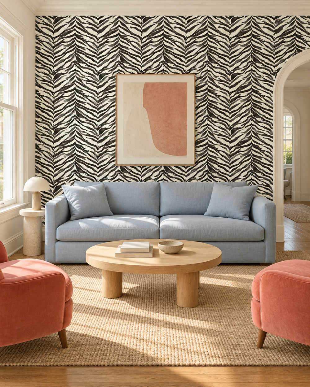 A styled living room featuring a light blue sofa centered against a bold black and white zebra-patterned wallpaper. In front of the sofa is a round light wood coffee table, flanked by coral pink armchairs on a beige woven rug. bold classic black and white grasscloth zebra stripe wall-covering in city chic modern living room