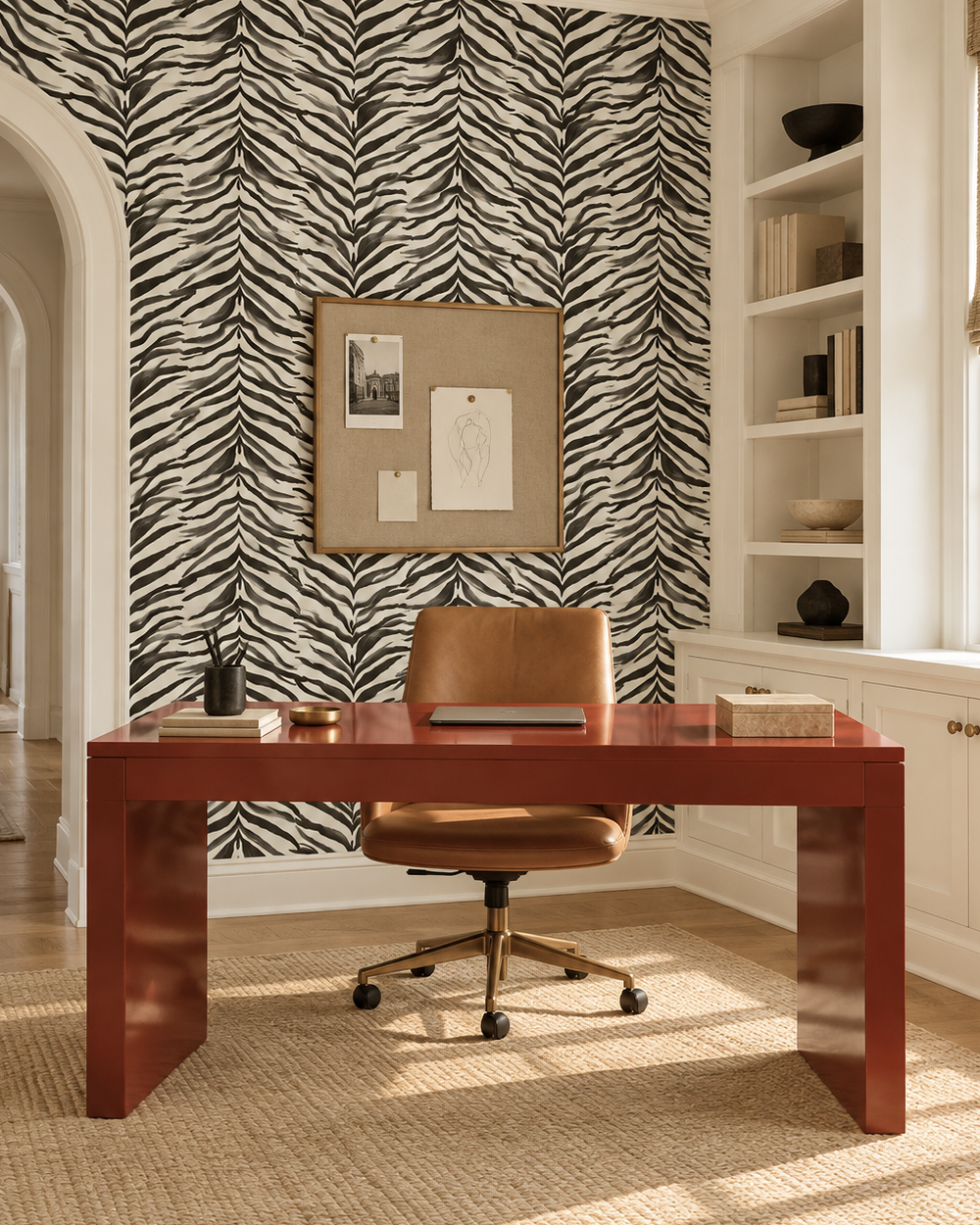 A modern home office setup featuring a glossy reddish-brown wooden desk and a tan leather swivel chair, set against a bold black and white zebra-patterned wallpaper. The room includes built-in white bookshelves on the right and a corkboard framed on the patterned wall.