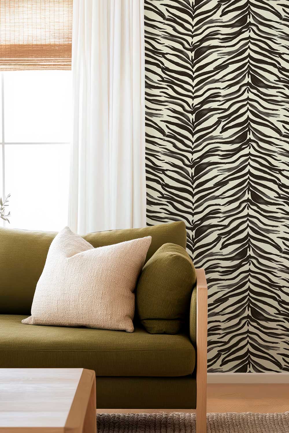 luxury city chic living room with classic black and white stripe zebra watercolor wall-covering