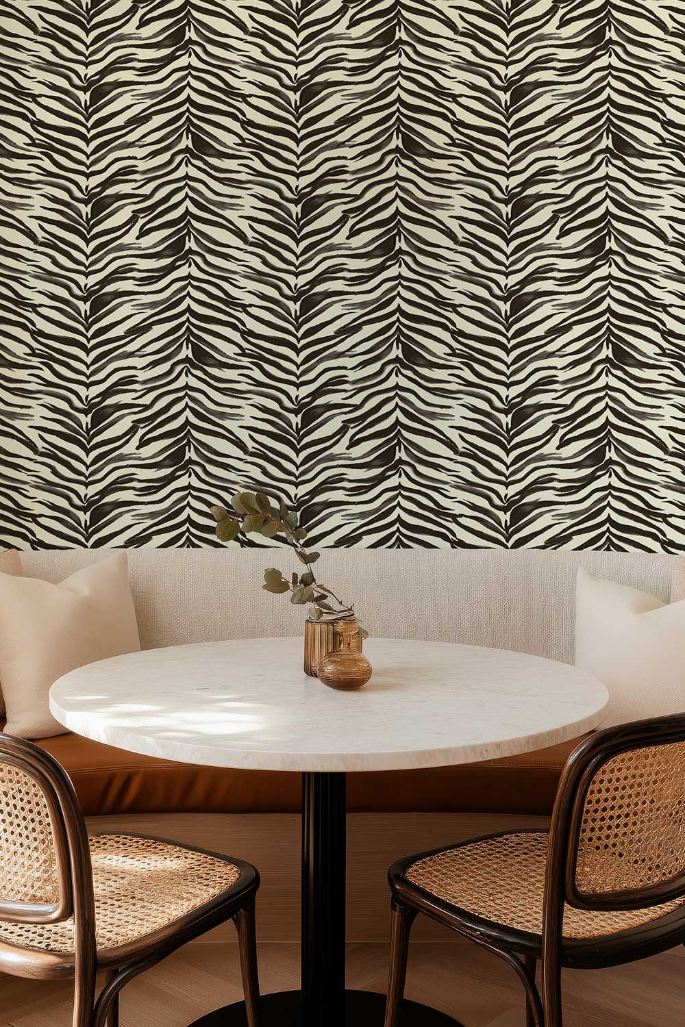 classic black and white watercolor zebra stripe printed on commercial grade water and stain resistant performance vinyl wall-covering, great for bathrooms, kitchens and commercial spaces