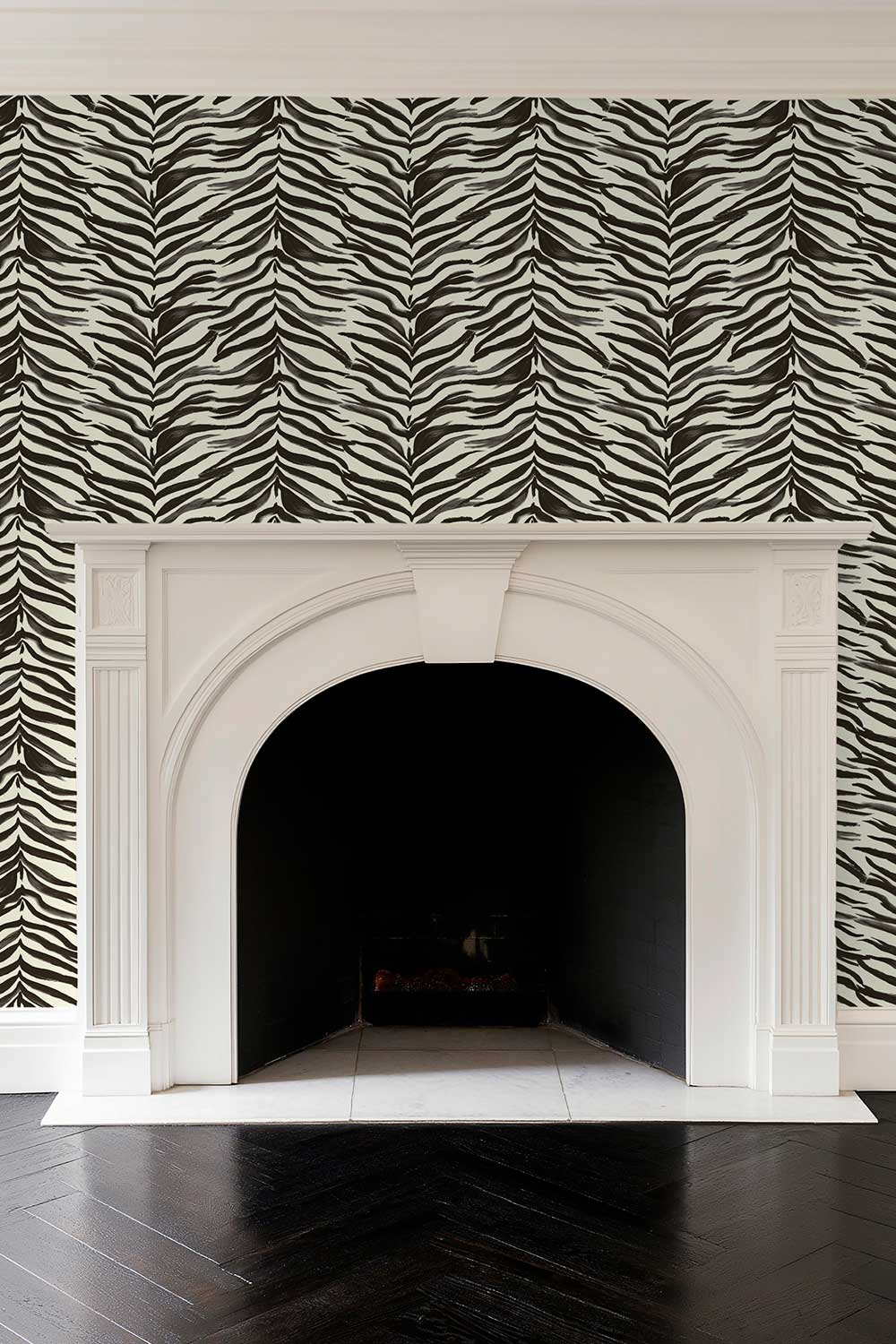 bold classic black and white grasscloth zebra stripe wall-covering in city chic modern living room with fireplace