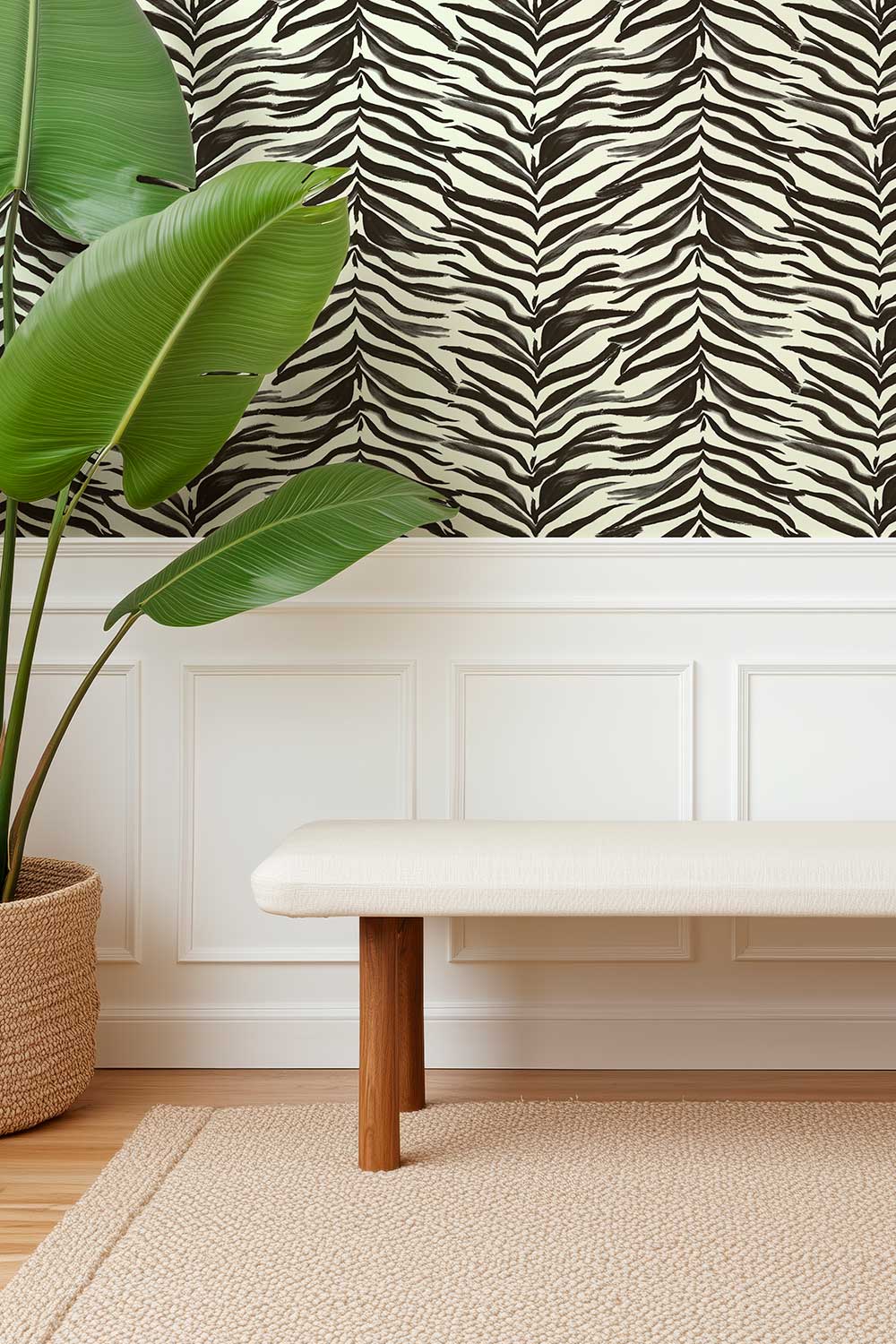 bold entryway with luxury grass cloth wall-covering in classic black and white watercolor zebra stripe