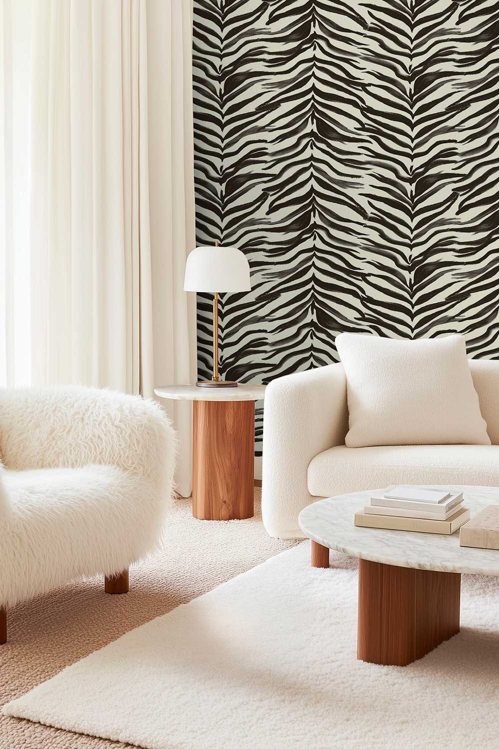 Zebra Leaf Stripe traditional black and white wallpaper in hand-painted watercolor pattern in modern living room
