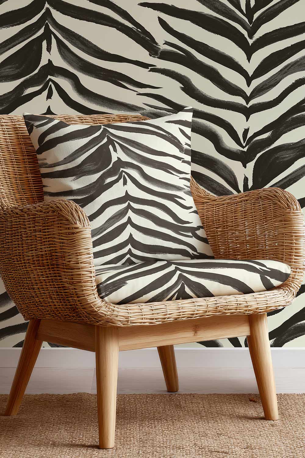 Painterly stripe upholstery fabric with hand-painted watercolor zebra-inspired stripes, offering soft movement and visual depth in black charcoal on cream.