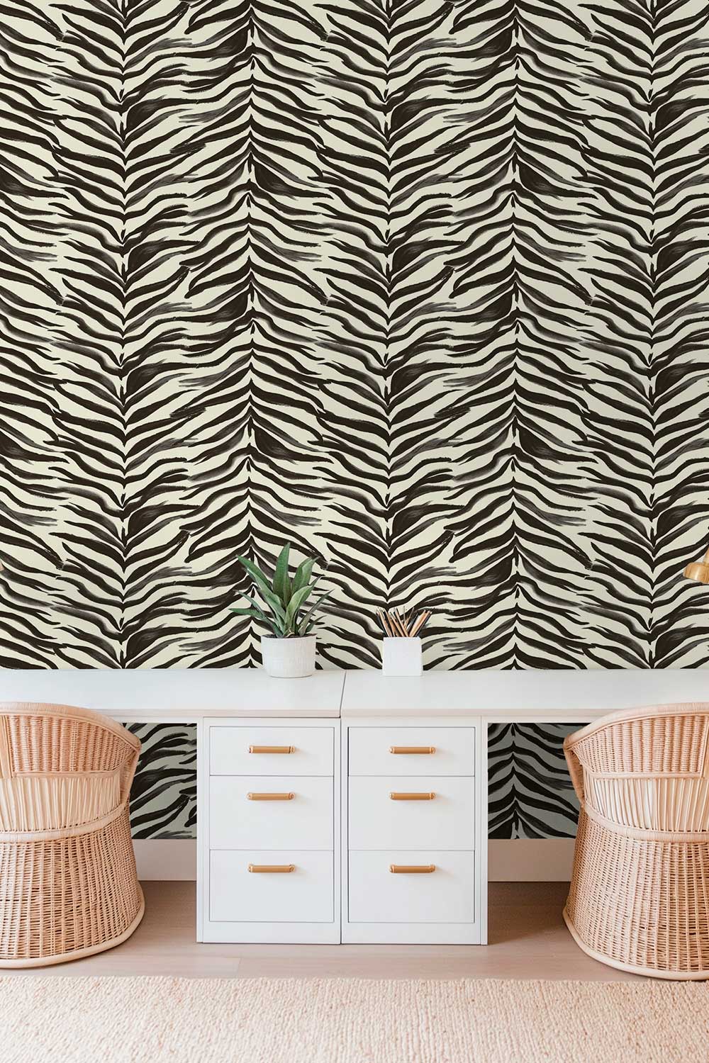 modern home office with eco-friendly grass cloth wall-covering in classic black and white watercolor zebra stripe