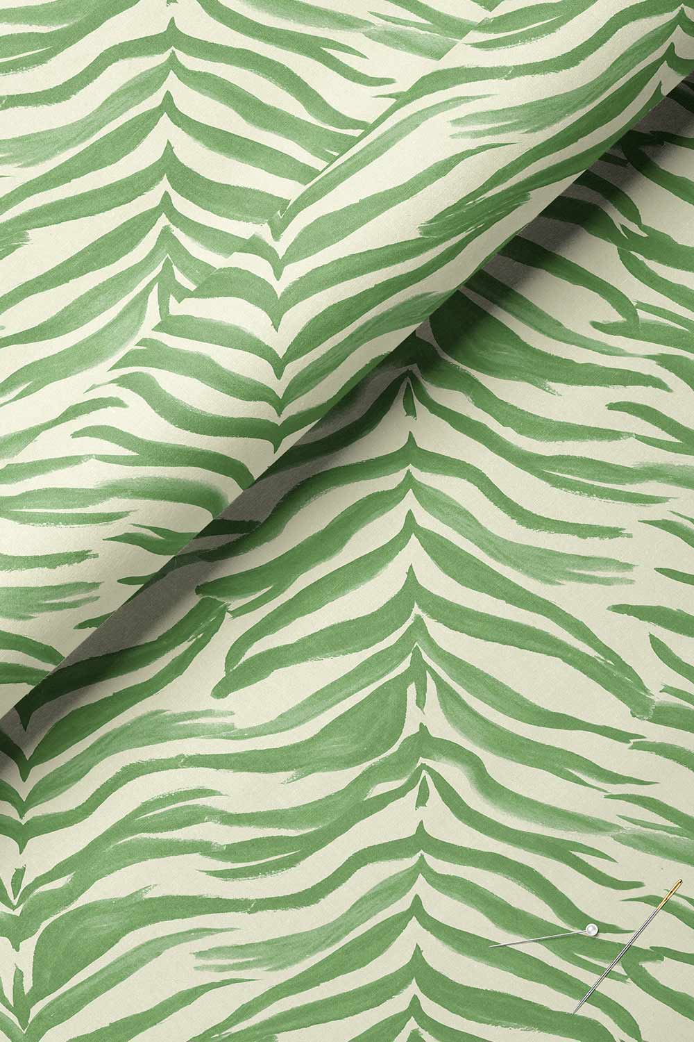 Painterly stripe upholstery fabric with hand-painted watercolor zebra-inspired stripes, offering soft movement and visual depth in bright jungle green on white