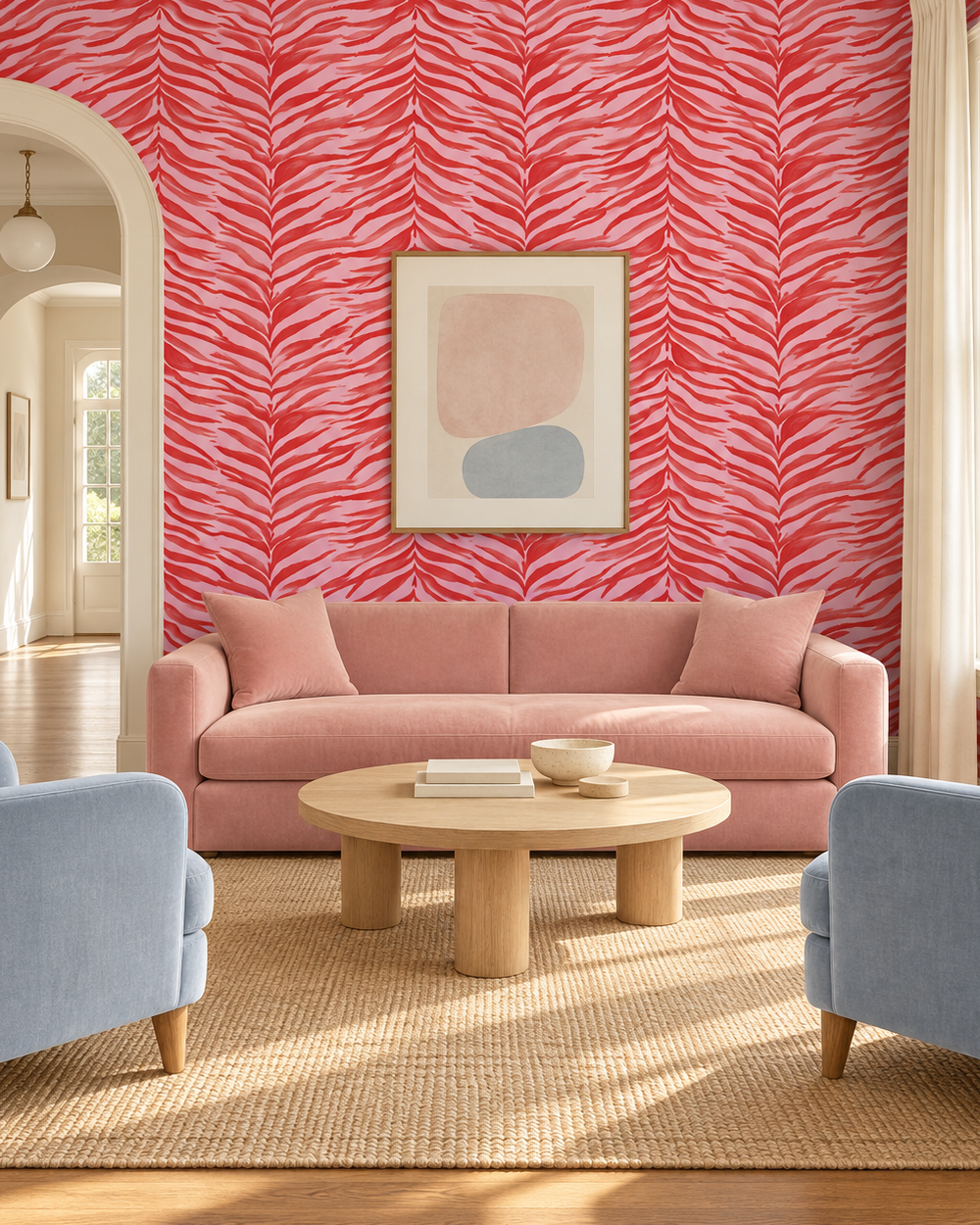 A styled living room featuring a dusty pink velvet sofa set against a bold red and white palm leaf patterned wallpaper. The room is furnished with a round light wood coffee table, two light blue armchairs, a beige woven rug, and a framed abstract art print on the wall.