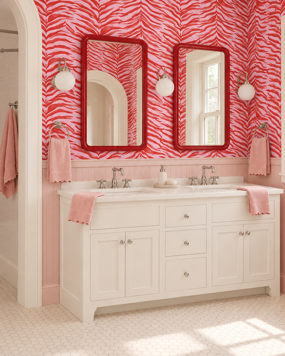 A bright bathroom vanity setup with a white double-sink cabinet, two red-framed mirrors, pink zebra-pattern wallpaper, pink towels, and a white paneled wall. feminine pink and red watercolor zebra stripe printed on commercial grade water and stain resistant performance vinyl wall-covering, great for bathrooms, kitchens and commercial spaces