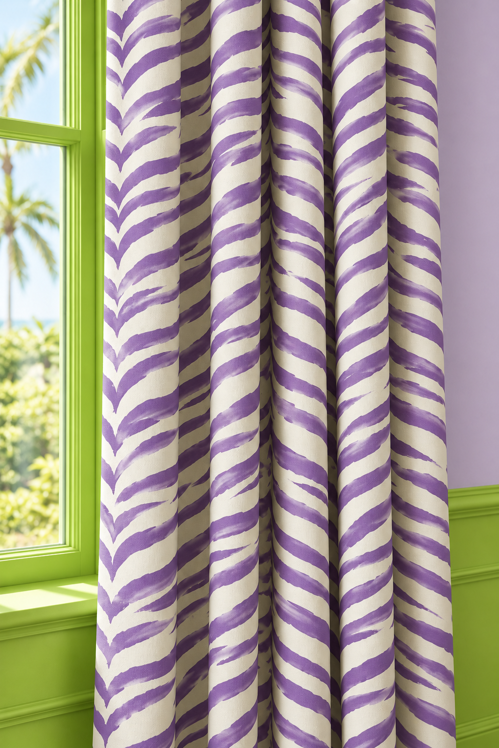 Painterly stripe upholstery fabric with hand-painted watercolor zebra-inspired stripes, offering soft movement and visual depth in bright lilac purple on white featured as the custom drapes in this luxury house