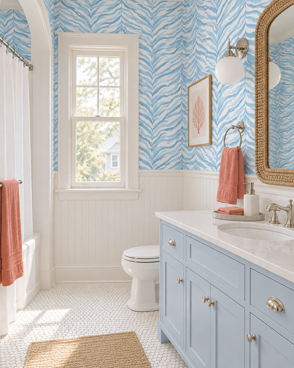 A bright bathroom featuring light blue wavy-patterned wallpaper, a light blue vanity, white subway tile floors, and coral pink towels. blue and white watercolor zebra stripe printed on commercial grade water and stain resistant performance vinyl wall-covering, great for bathrooms, kitchens and commercial spaces