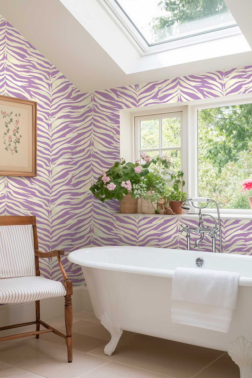 feminine purple and white watercolor zebra stripe printed on commercial grade water and stain resistant performance vinyl wall-covering, great for bathrooms, kitchens and commercial spaces