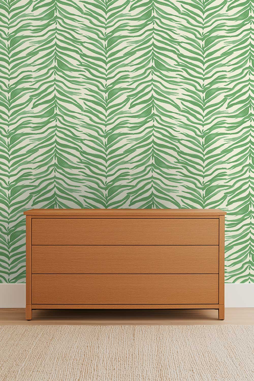 bedroom with bold tropical zebra stripe watercolor wall-covering