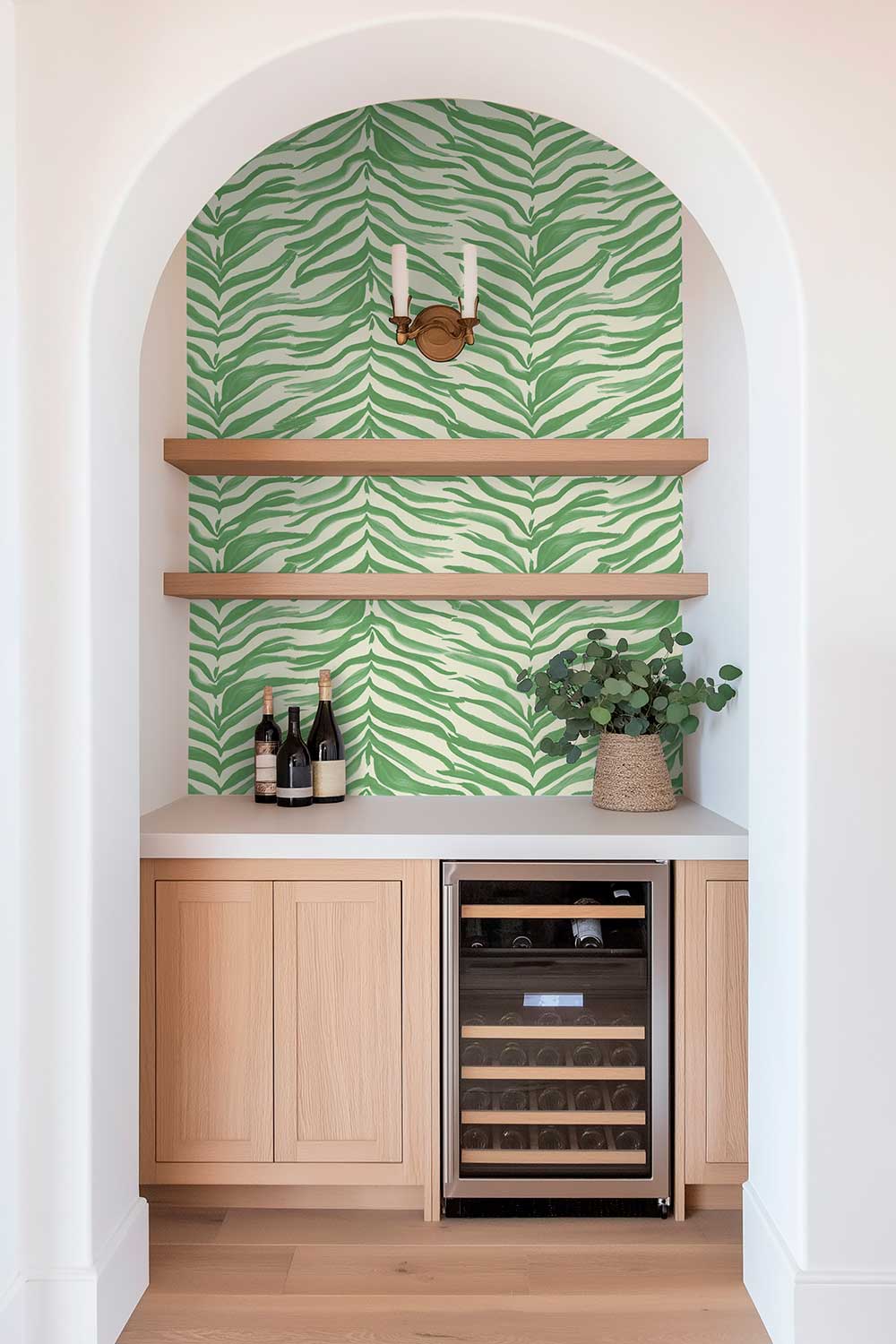 tropical green and white watercolor zebra stripe printed on commercial grade water and stain resistant performance vinyl wall-covering, great for bathrooms, kitchens and commercial spaces