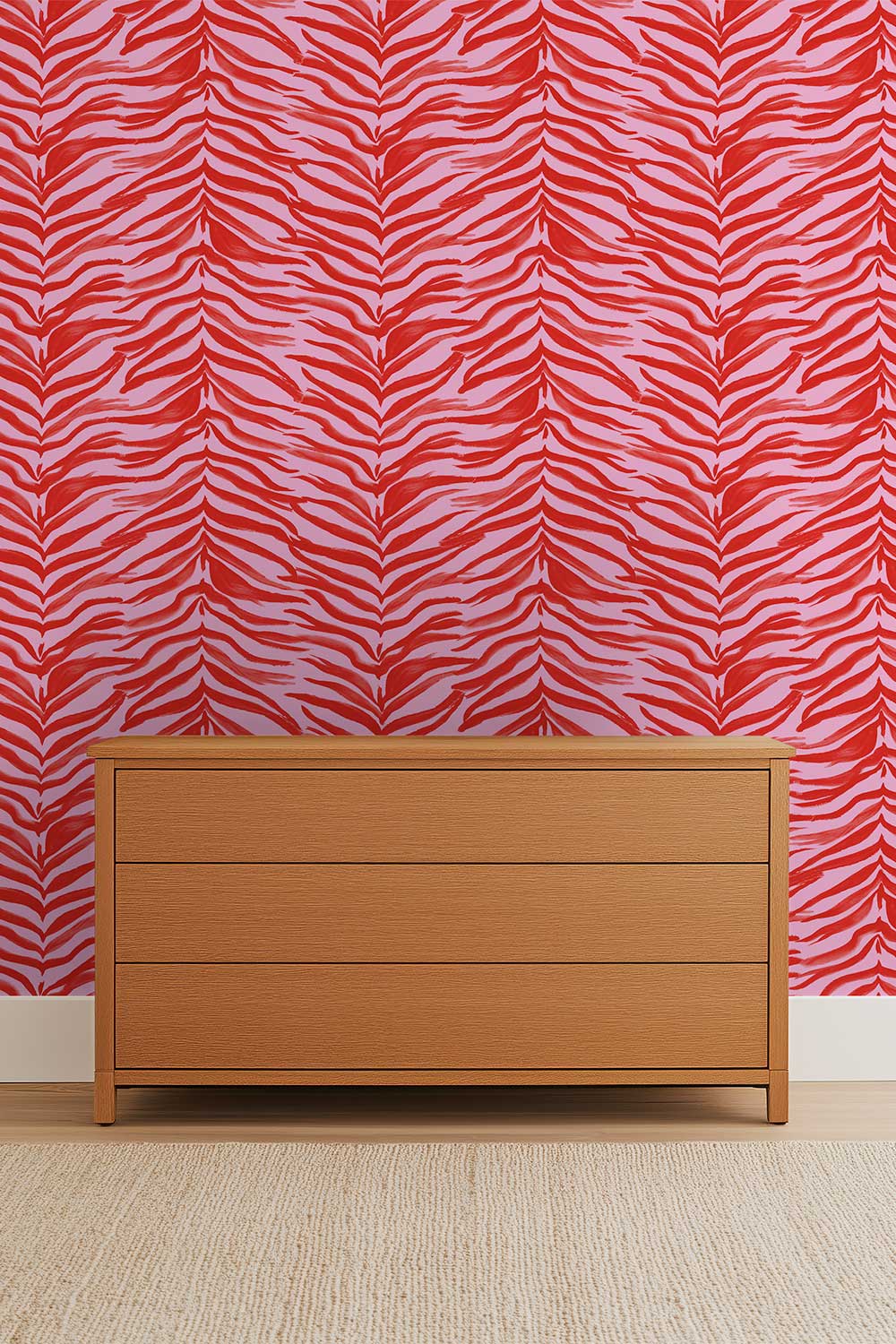 feminine pink and red watercolor zebra stripe printed on commercial grade water and stain resistant performance vinyl wall-covering, great for bathrooms, kitchens and commercial spaces